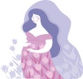 Beautiful smiling pregnant woman dreaming about her future baby. Expecting a child with love. Floral pattern around